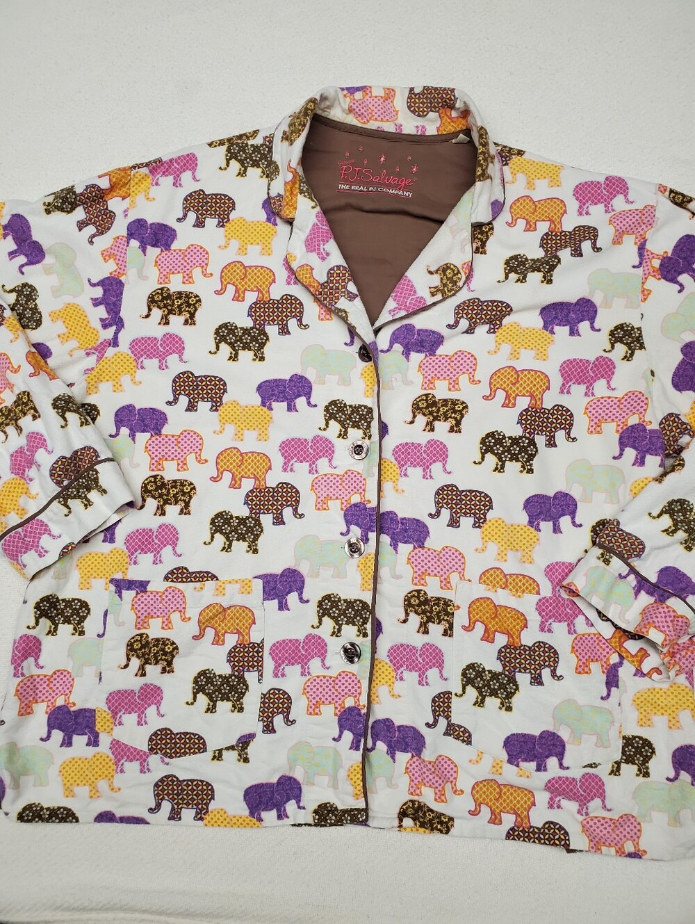 PJ Salvage Elephant Print Flannel Pajama Top XL Button Up Cotton